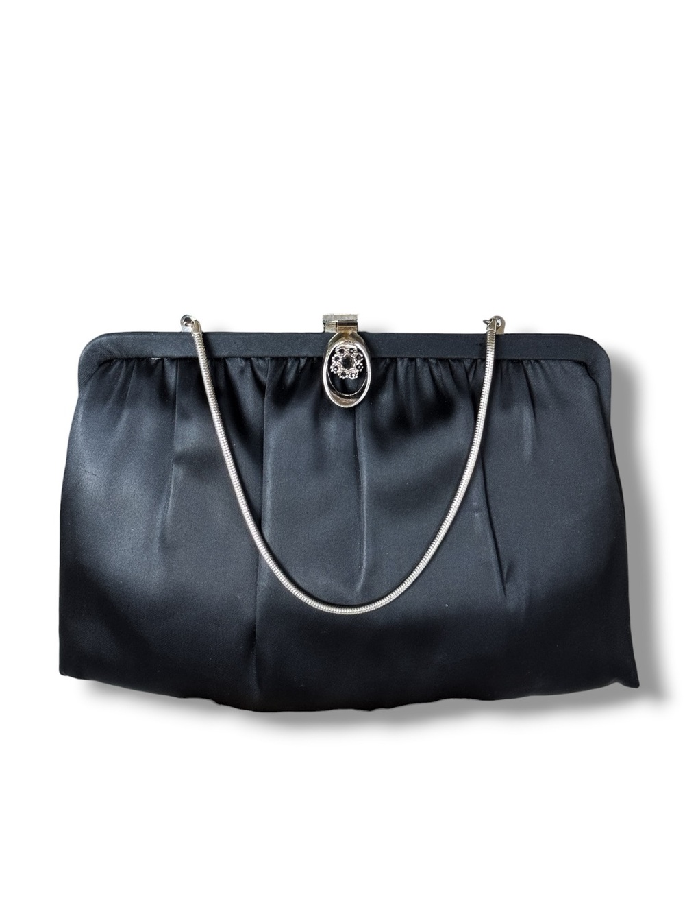 Vintage Andé Black Satin Bag Rhinestone Cabochon Clasp Snake Chain Clutch